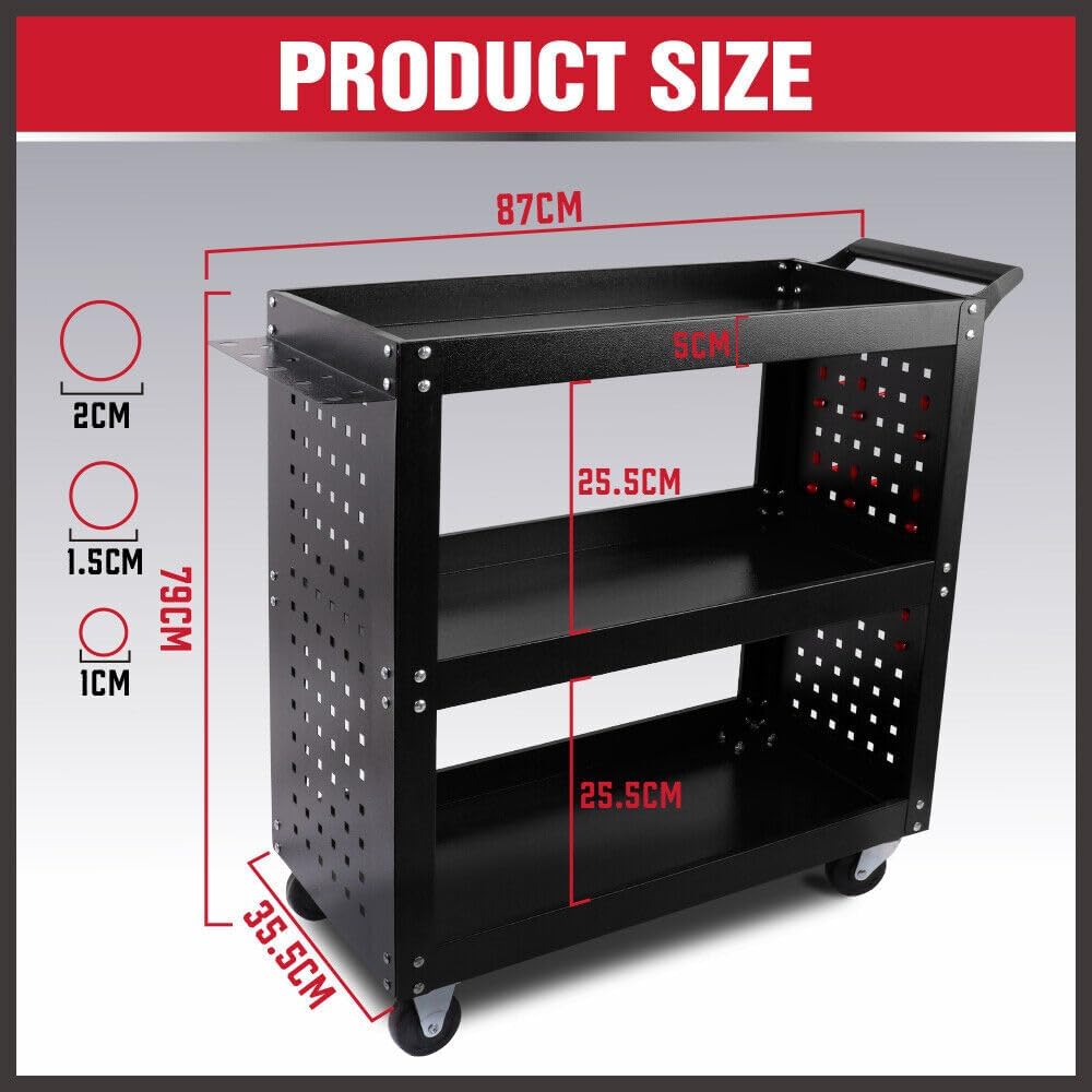 HORUSDY 3-Tier Steel Tool Trolley - Heavy Duty Workshop Storage Cart with Pegboard, Hooks and Locking Swivel Casters