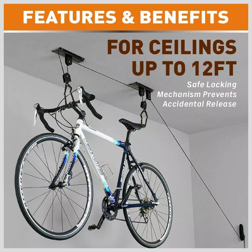 HORUSDY 2-Pack Bicycle Lift Ceiling Mount, Heavy-Duty Bike Pulley System for Garage, Ladder, and Kayak Storage with Safe Locking Mechanism, Max Capacity 50 LB Each