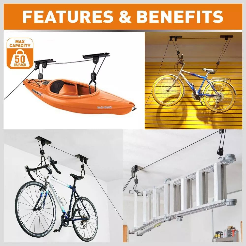 HORUSDY 2-Pack Bicycle Lift Ceiling Mount, Heavy-Duty Bike Pulley System for Garage, Ladder, and Kayak Storage with Safe Locking Mechanism, Max Capacity 50 LB Each