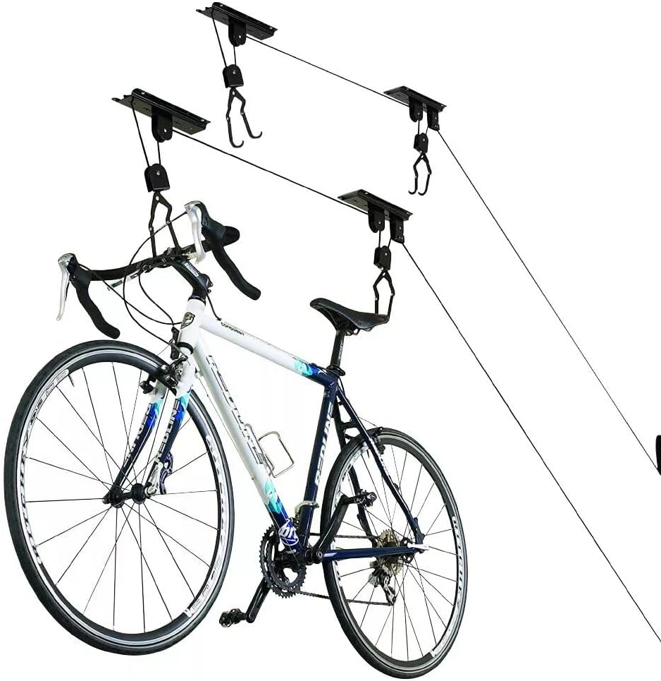 HORUSDY 2-Pack Bicycle Lift Ceiling Mount, Heavy-Duty Bike Pulley System for Garage, Ladder, and Kayak Storage with Safe Locking Mechanism, Max Capacity 50 LB Each