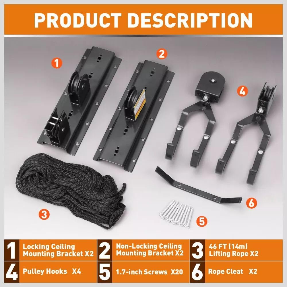 HORUSDY 2-Pack Bicycle Lift Ceiling Mount, Heavy-Duty Bike Pulley System for Garage, Ladder, and Kayak Storage with Safe Locking Mechanism, Max Capacity 50 LB Each