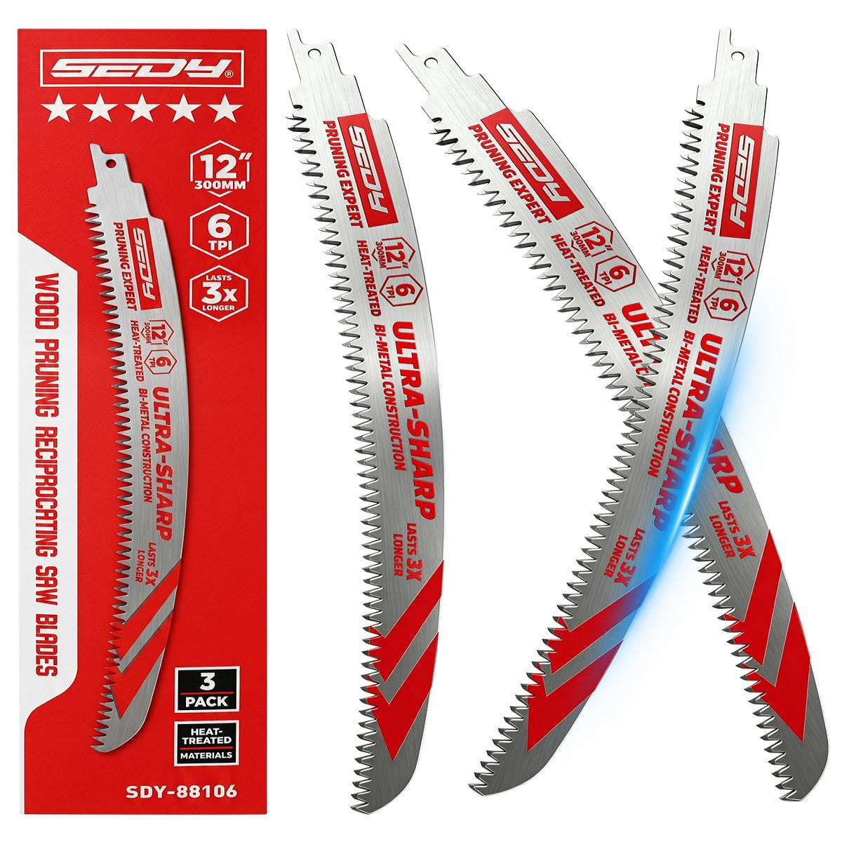 3-pack 12 inch 6 TPI curved pruning reciprocating saw blades for tree trimming, branches, green wood and wood cutting