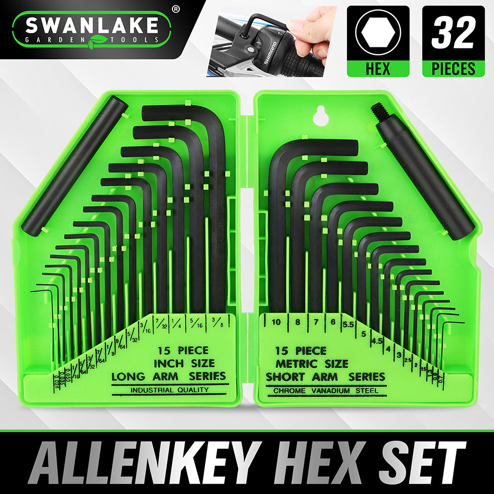 32-piece Allen key hex wrench set with SAE long arm and metric short arm hex keys, CR-V steel construction, extension handles and folding storage case