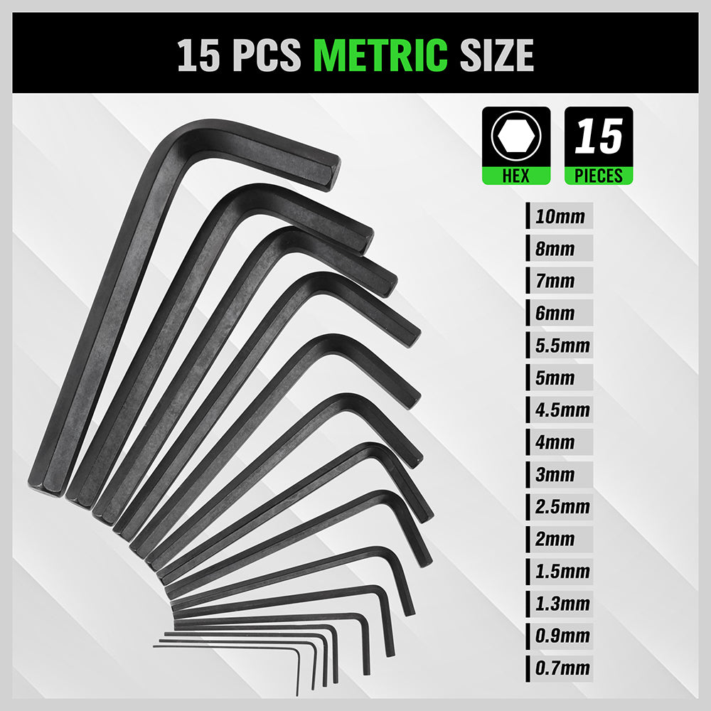 32-piece Allen key hex wrench set with SAE long arm and metric short arm hex keys, CR-V steel construction, extension handles and folding storage case