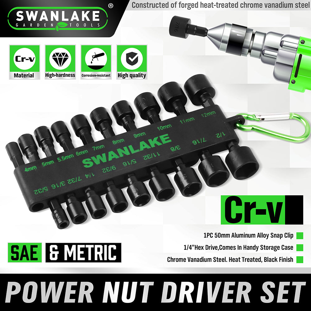 20-piece power nut driver bit set with SAE and metric CR-V steel sockets, 1/4 inch hex shank and storage holder with carabiner