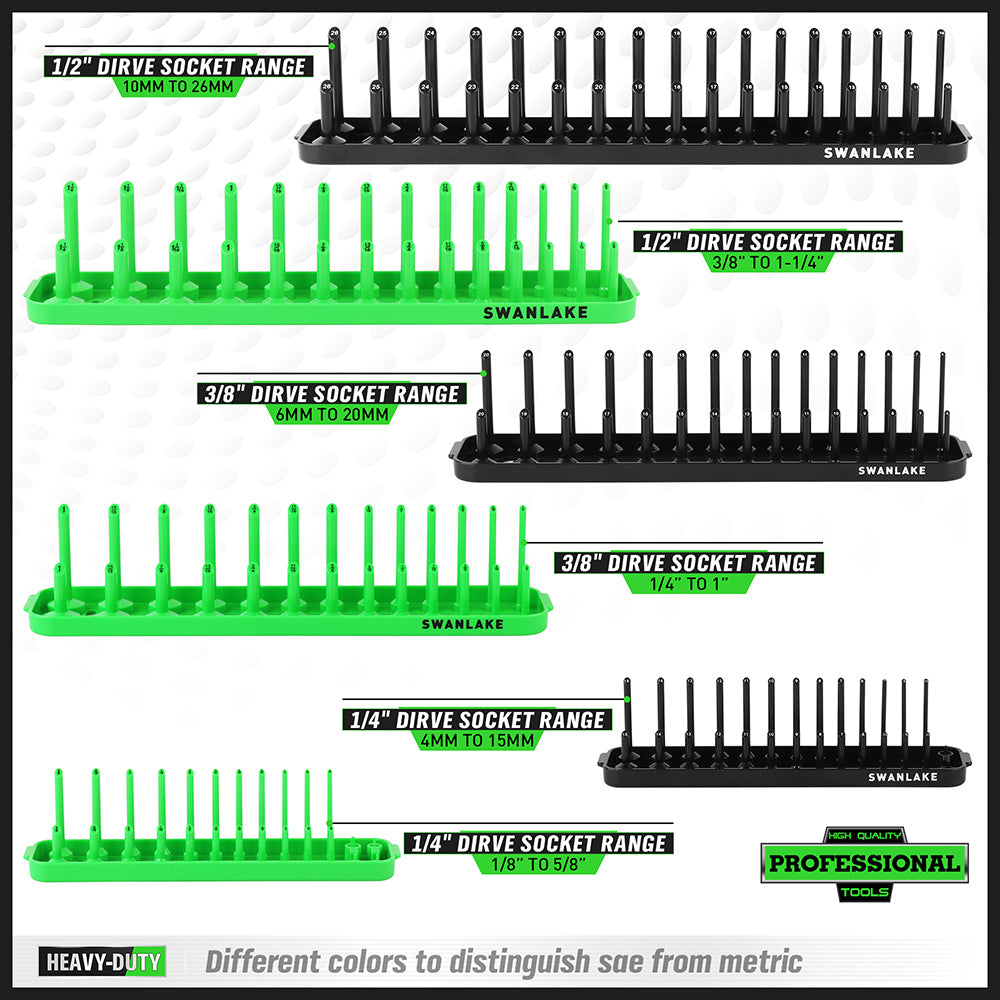 socket organizer tray set with color coded SAE and metric rails for 1/4 3/8 and 1/2 inch drive sockets