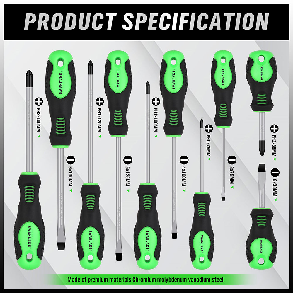 11-piece magnetic screwdriver set with Phillips and flat head CR-V steel screwdrivers, ergonomic handles and magnetizer demagnetizer