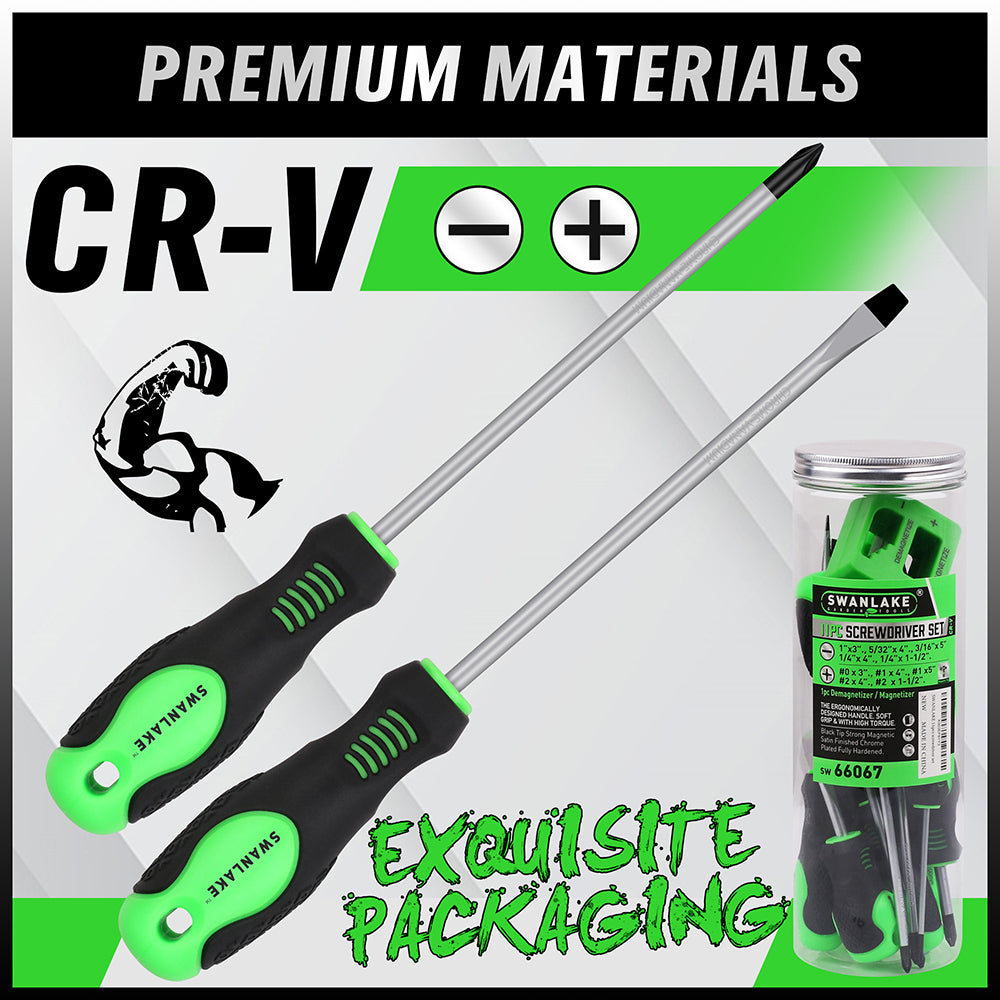 11-piece magnetic screwdriver set with Phillips and flat head CR-V steel screwdrivers, ergonomic handles and magnetizer demagnetizer