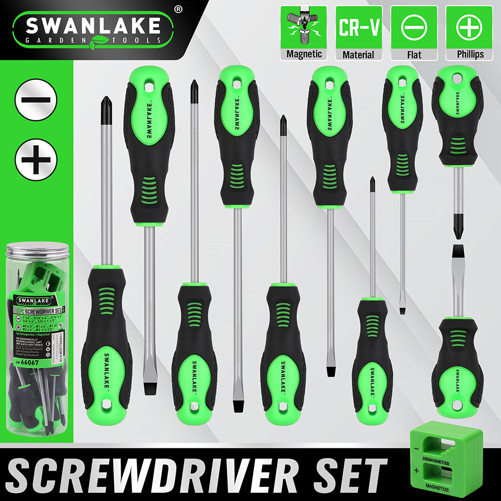 11-piece magnetic screwdriver set with Phillips and flat head CR-V steel screwdrivers, ergonomic handles and magnetizer demagnetizer