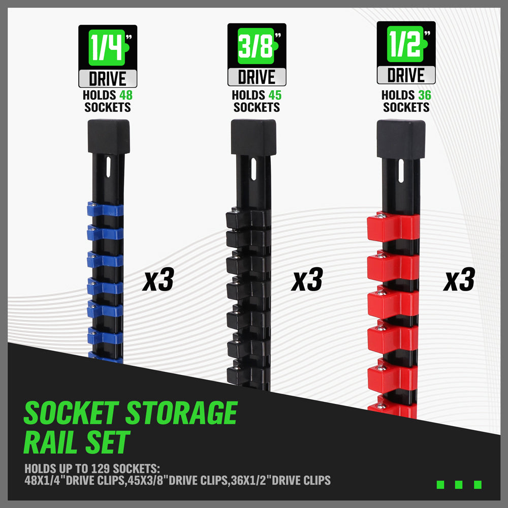 9-piece socket storage rail set with 1/4, 3/8 and 1/2 inch drive clips, ABS socket organizer rails for toolbox wall and workbench storage