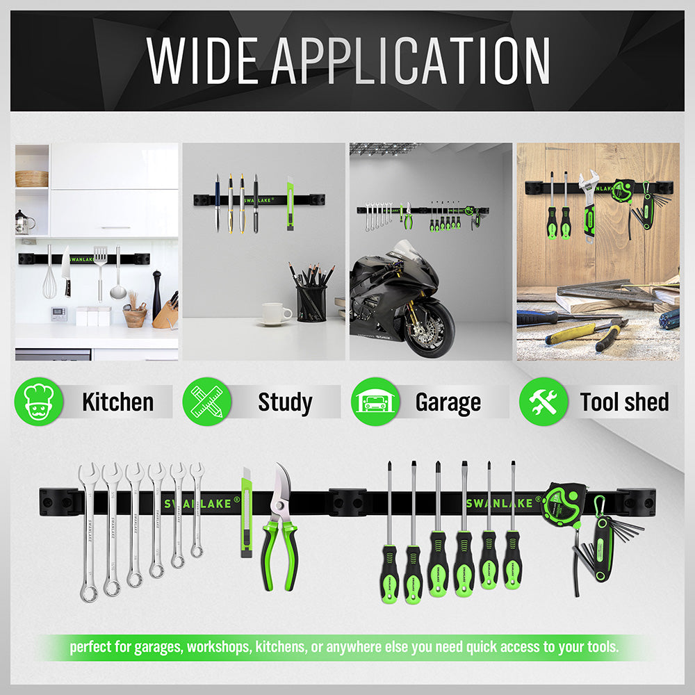 4-pack 12 inch magnetic tool holder strip set with strong magnetic bars, CR-V steel material, mounting brackets and screws for organizing screwdrivers, wrenches, pliers, knives and hand tools in garages, workshops, kitchens and tool sheds