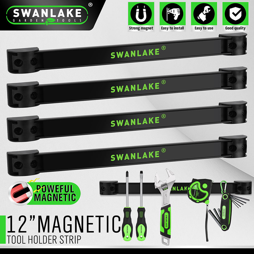 4-pack 12 inch magnetic tool holder strip set with strong magnetic bars, CR-V steel material, mounting brackets and screws for organizing screwdrivers, wrenches, pliers, knives and hand tools in garages, workshops, kitchens and tool sheds