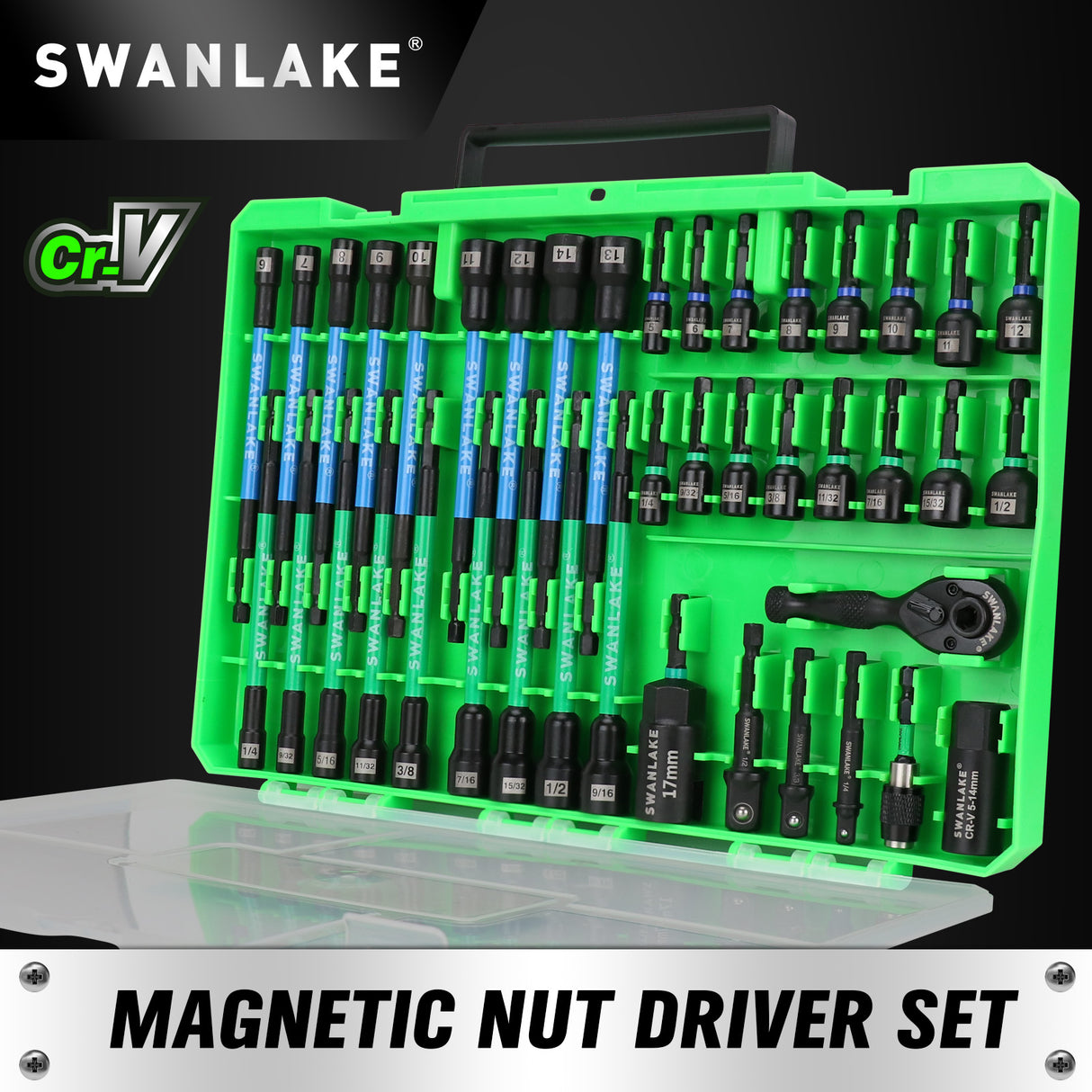 41-piece magnetic nut driver set with SAE and metric nut setters, 1/4 inch dual ratchet handle, universal socket, wing nut driver, bit holder and socket adapters