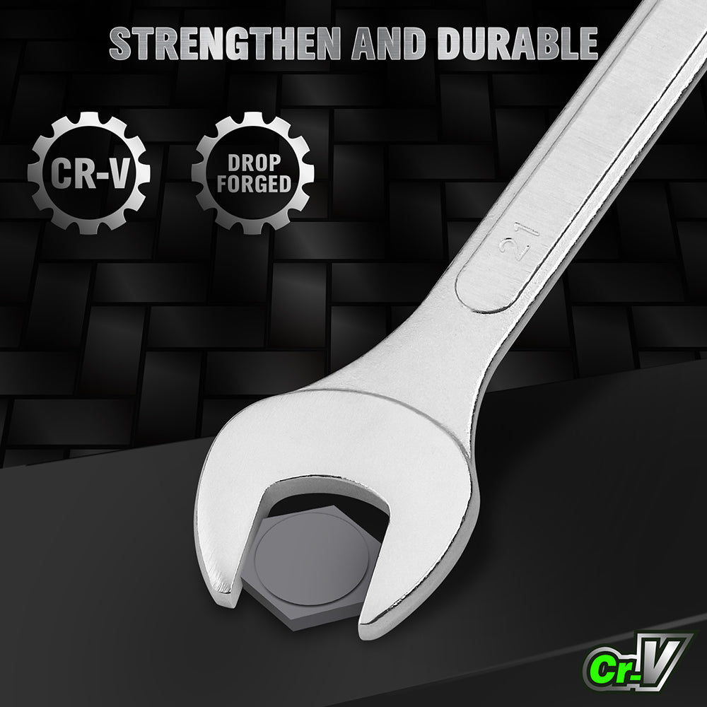 19-piece metric combination wrench set with CR-V steel spanners, 12-point box end design and roll-up storage pouch for automotive and mechanical repair