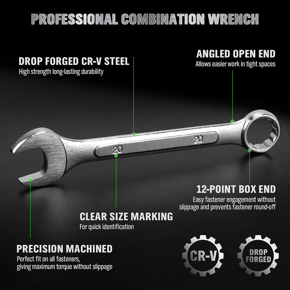19-piece metric combination wrench set with CR-V steel spanners, 12-point box end design and roll-up storage pouch for automotive and mechanical repair