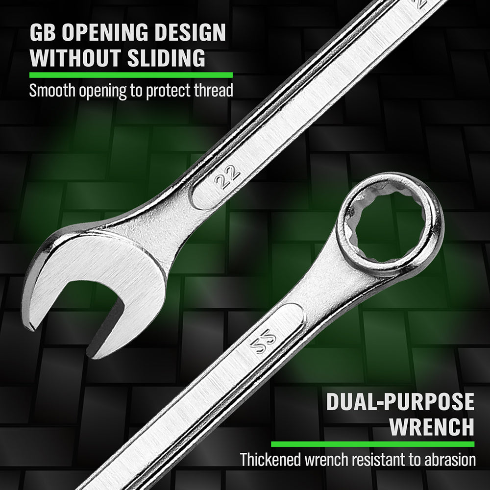 19-piece metric combination wrench set with CR-V steel spanners, 12-point box end design and roll-up storage pouch for automotive and mechanical repair