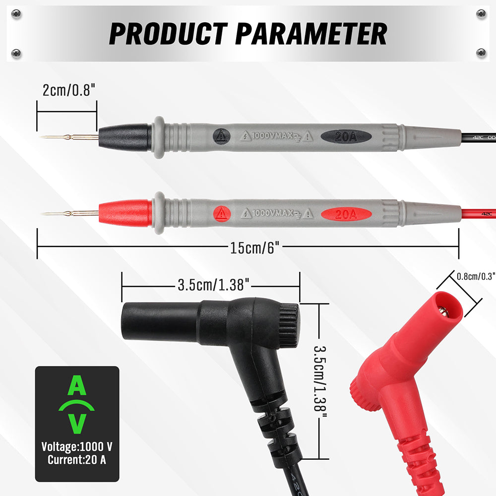 SWANLAKE 1000V 20A multimeter test leads with red and black silicone cables, sharp probe tips, banana plug connectors, and insulated grips
