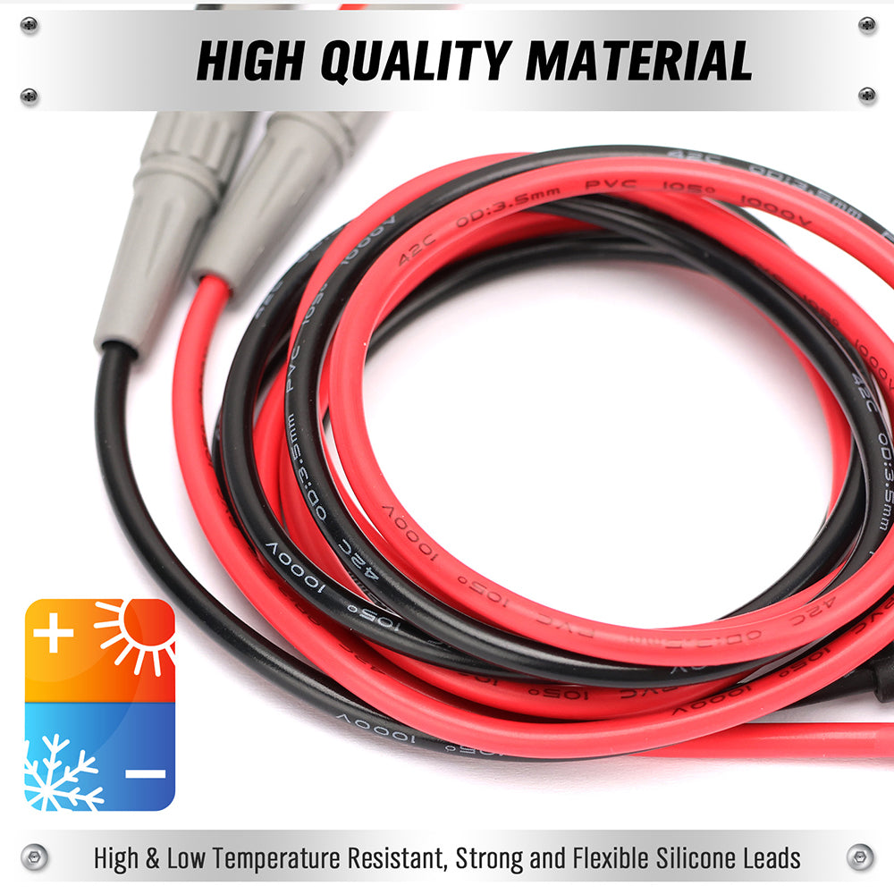 SWANLAKE 1000V 20A multimeter test leads with red and black silicone cables, sharp probe tips, banana plug connectors, and insulated grips
