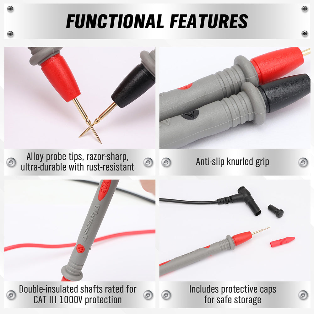 SWANLAKE 1000V 20A multimeter test leads with red and black silicone cables, sharp probe tips, banana plug connectors, and insulated grips