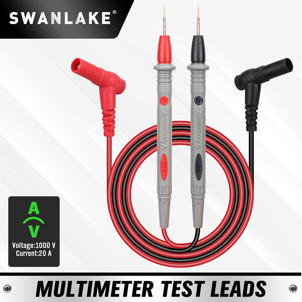 SWANLAKE 1000V 20A multimeter test leads with red and black silicone cables, sharp probe tips, banana plug connectors, and insulated grips