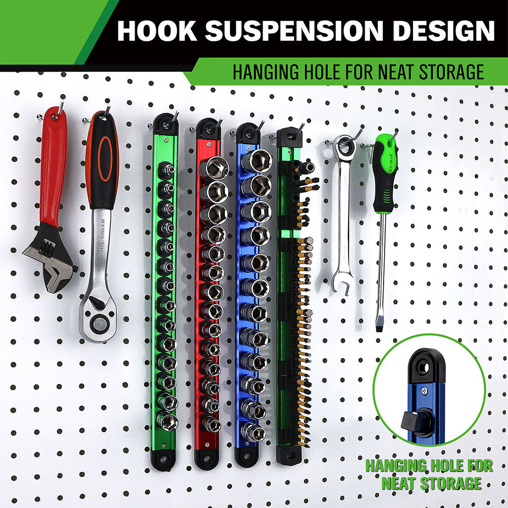 4-piece magnetic socket and bit organizer kit with aluminum rails, rotating clips and strong magnetic base for tool storage