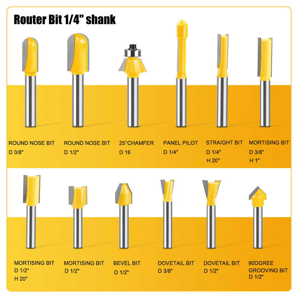 24-piece 1/4 inch shank router bits set in wooden storage case with straight, flush trim, round over, cove, chamfer, dovetail, mortising, slot cutter and grooving bits for woodworking