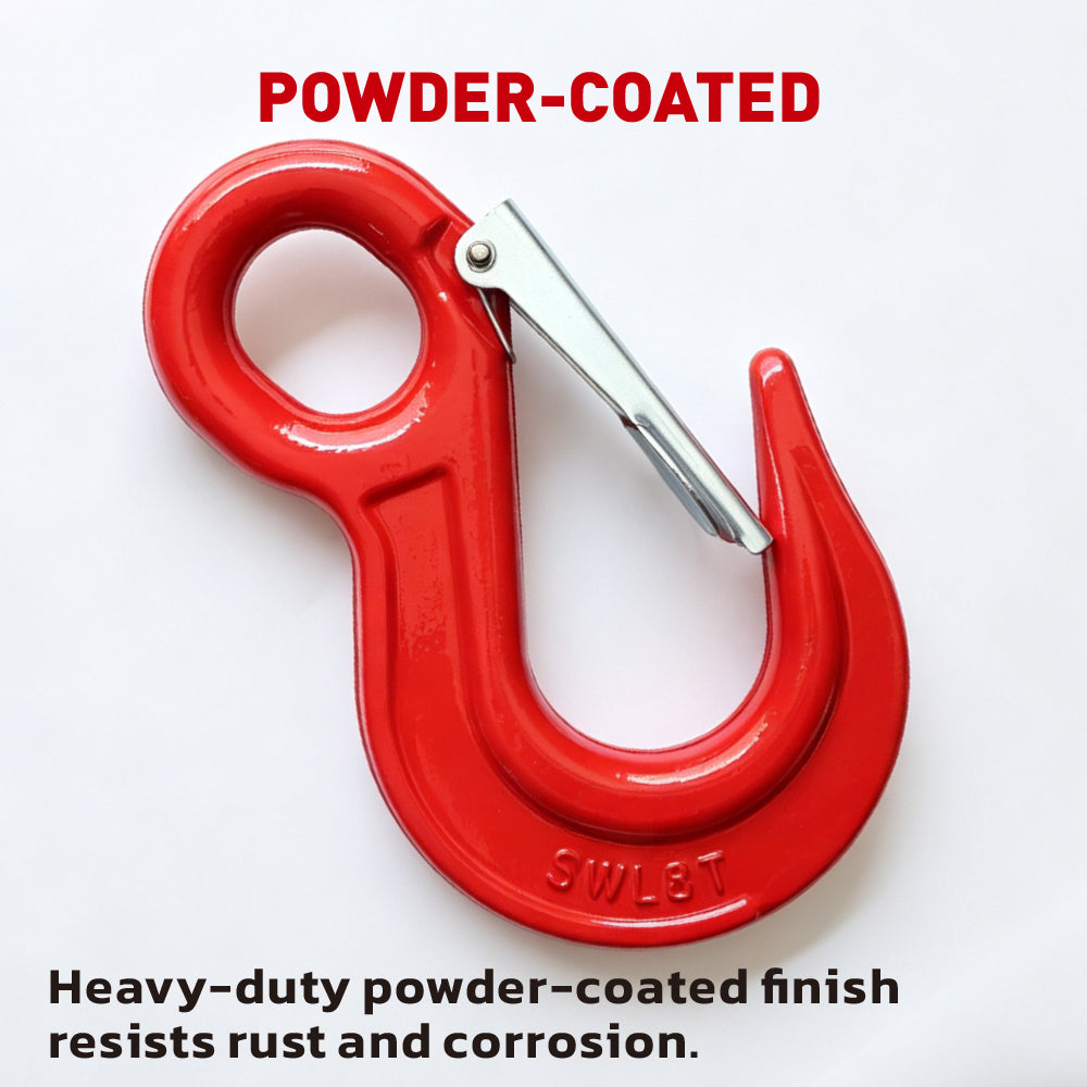 heavy-duty eye lifting hook with safety latch and red powder-coated finish for chain rigging, hoisting and material handling