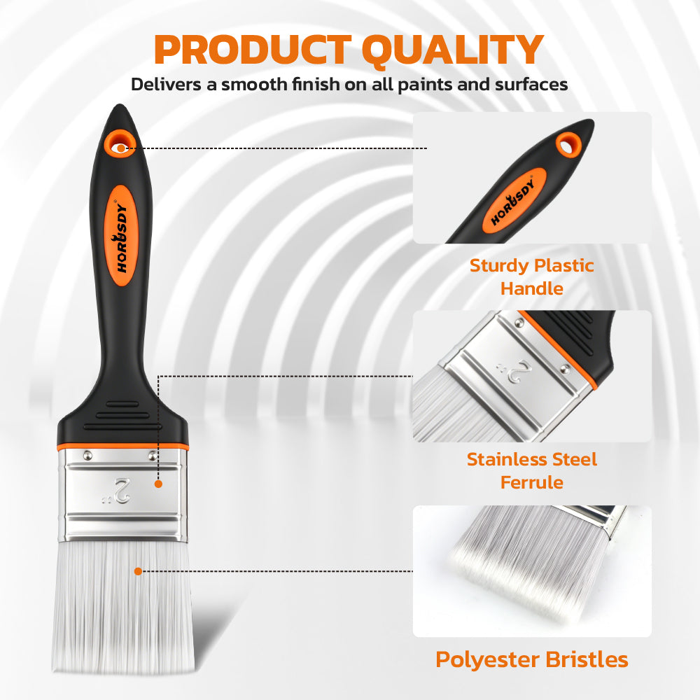2 inch and 3 inch flat paint brush set with polyester bristles, stainless steel ferrule and plastic handle for paints, stains, acrylics and DIY projects