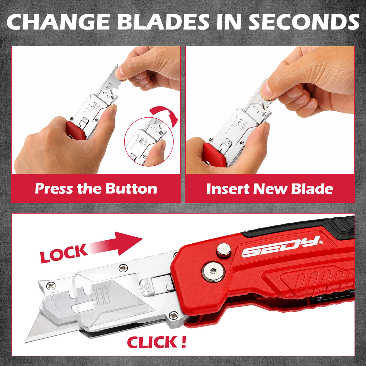 2-in-1 folding utility knife and scraper with SK5 blades, 3-angle locking, built-in blade storage and belt clip