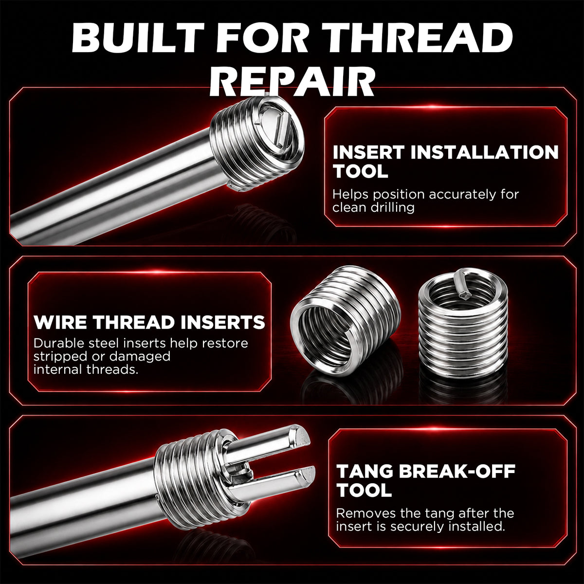175-piece metric thread repair kit with M5 to M12 wire thread inserts, HSS drill bits, taps and installation tools