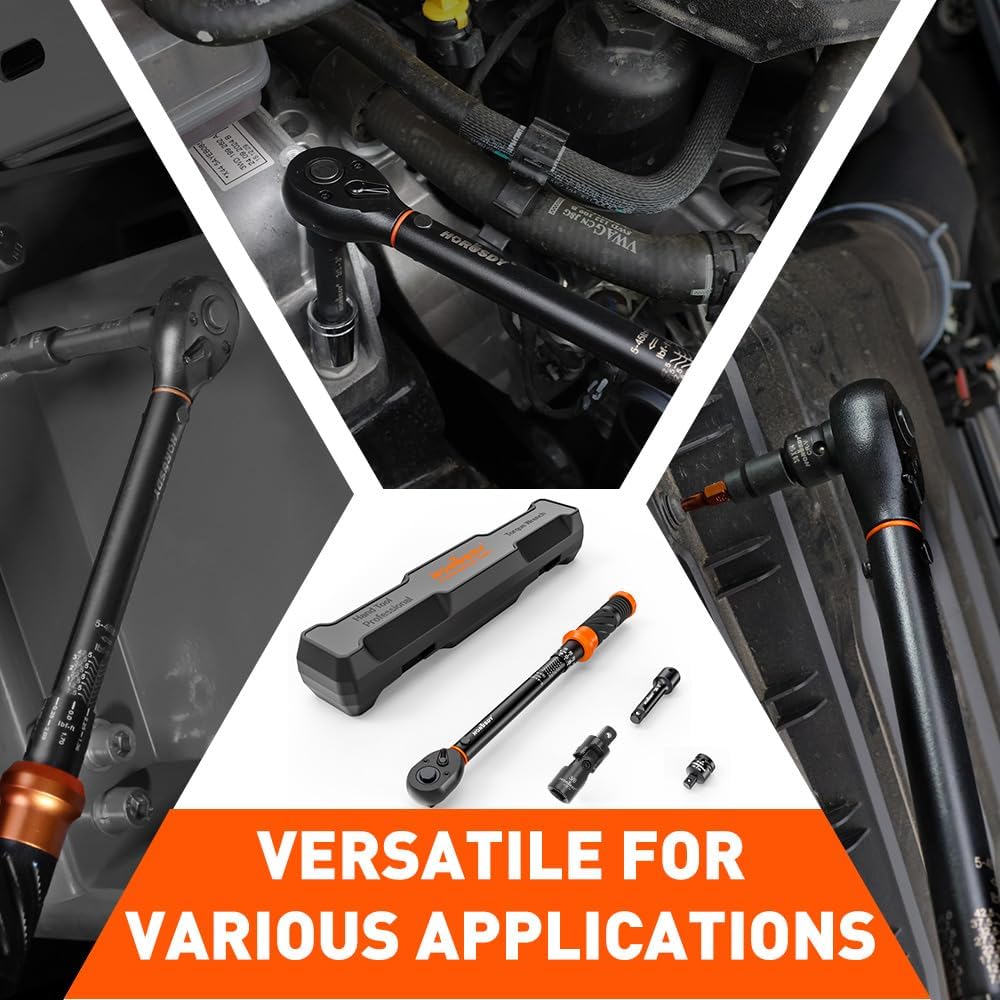 HORUSDY 3-piece click torque wrench set with 1/4, 3/8, and 1/2 inch drives, extensions, and storage case – dual scale design for accurate torque control.