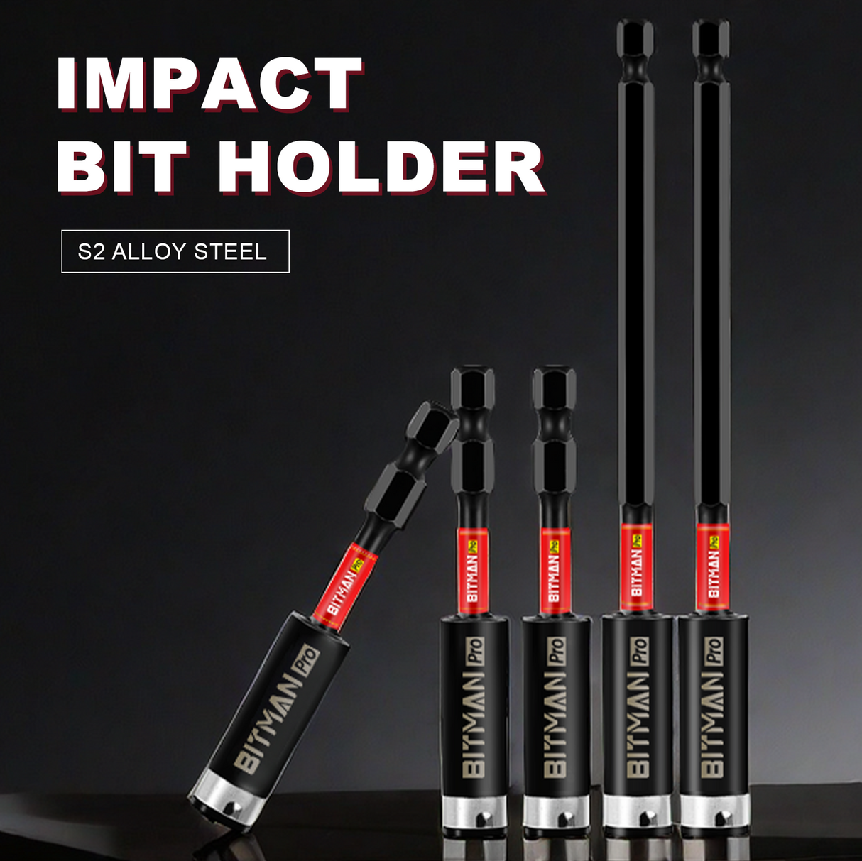 1/4 inch impact magnetic bit holder with quick change hex shank, double locking mechanism, strong magnetic tip and torsion zone, available in 2.5 inch, 3 inch and 6 inch lengths for impact drivers and power drills.
