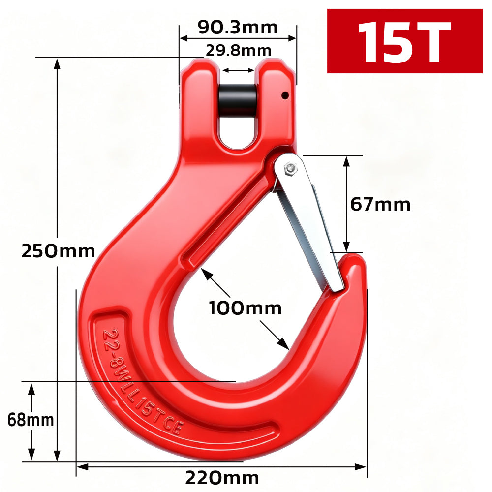 heavy-duty clevis slip hook with safety latch, cotter pin and red powder-coated finish for lifting, towing, recovery and rigging applications
