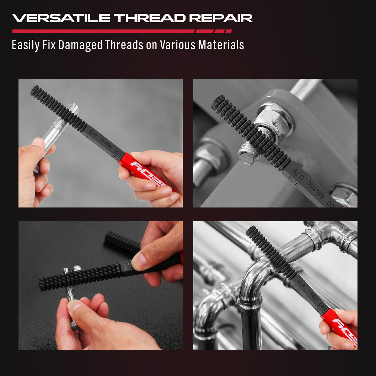 3-piece thread repair file set with metric and inch thread chasers for restoring damaged threads on bolts, studs, screws and pipes