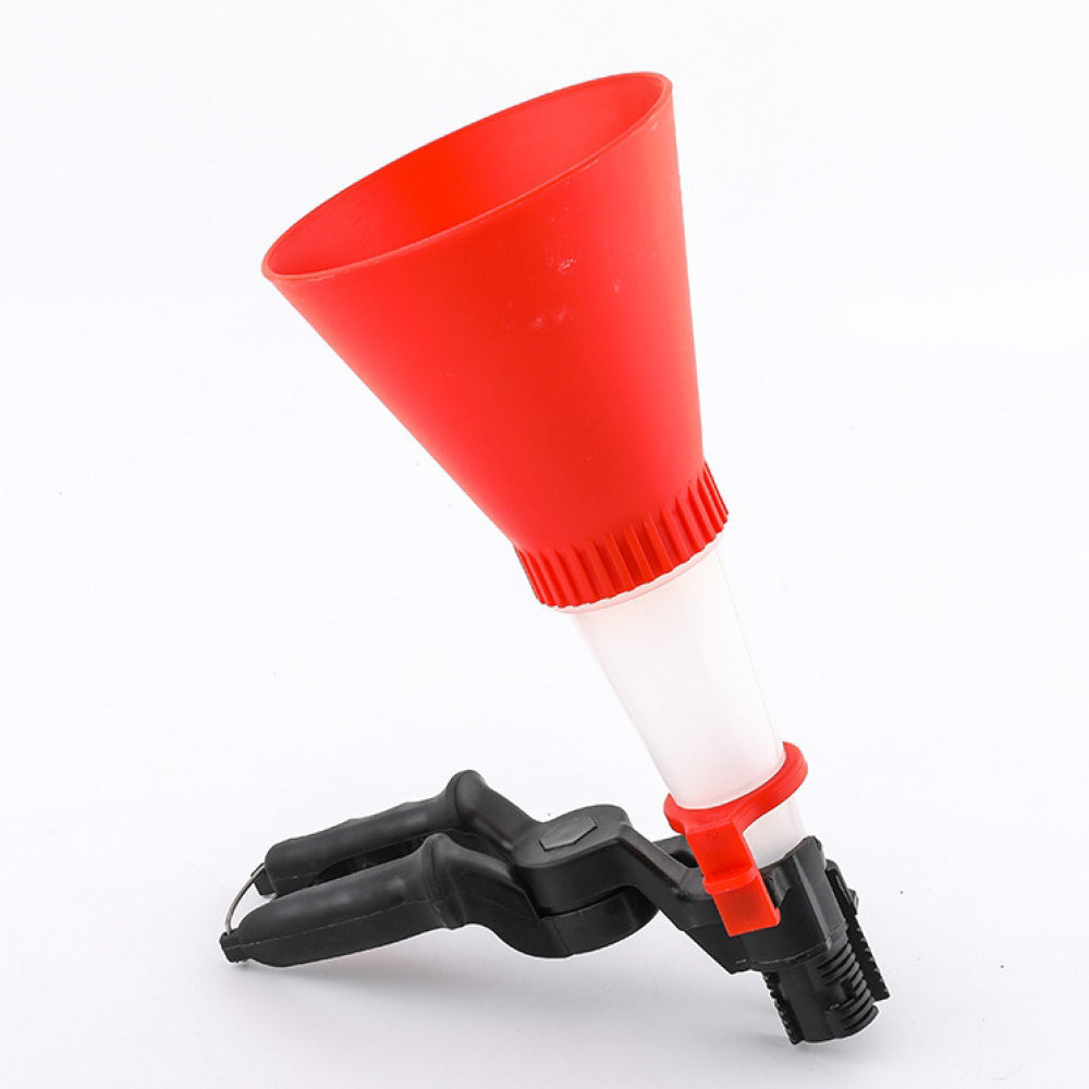 3-in-1 hands-free automotive oil funnel with adjustable clamp holder and transparent extension tube for engine oil changes and fluid filling