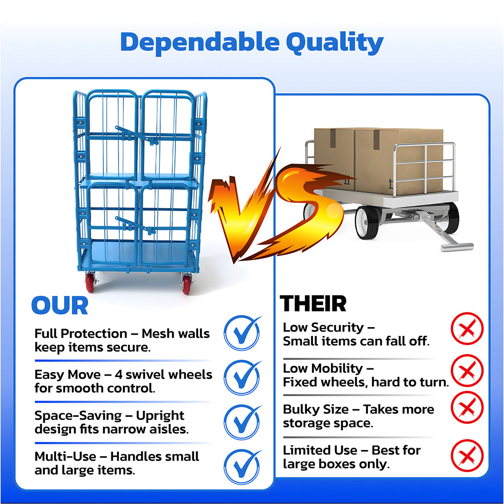 Heavy duty 4-door warehouse cage trolley with mesh panels, swivel wheels and brake function for logistics, storage and transport
