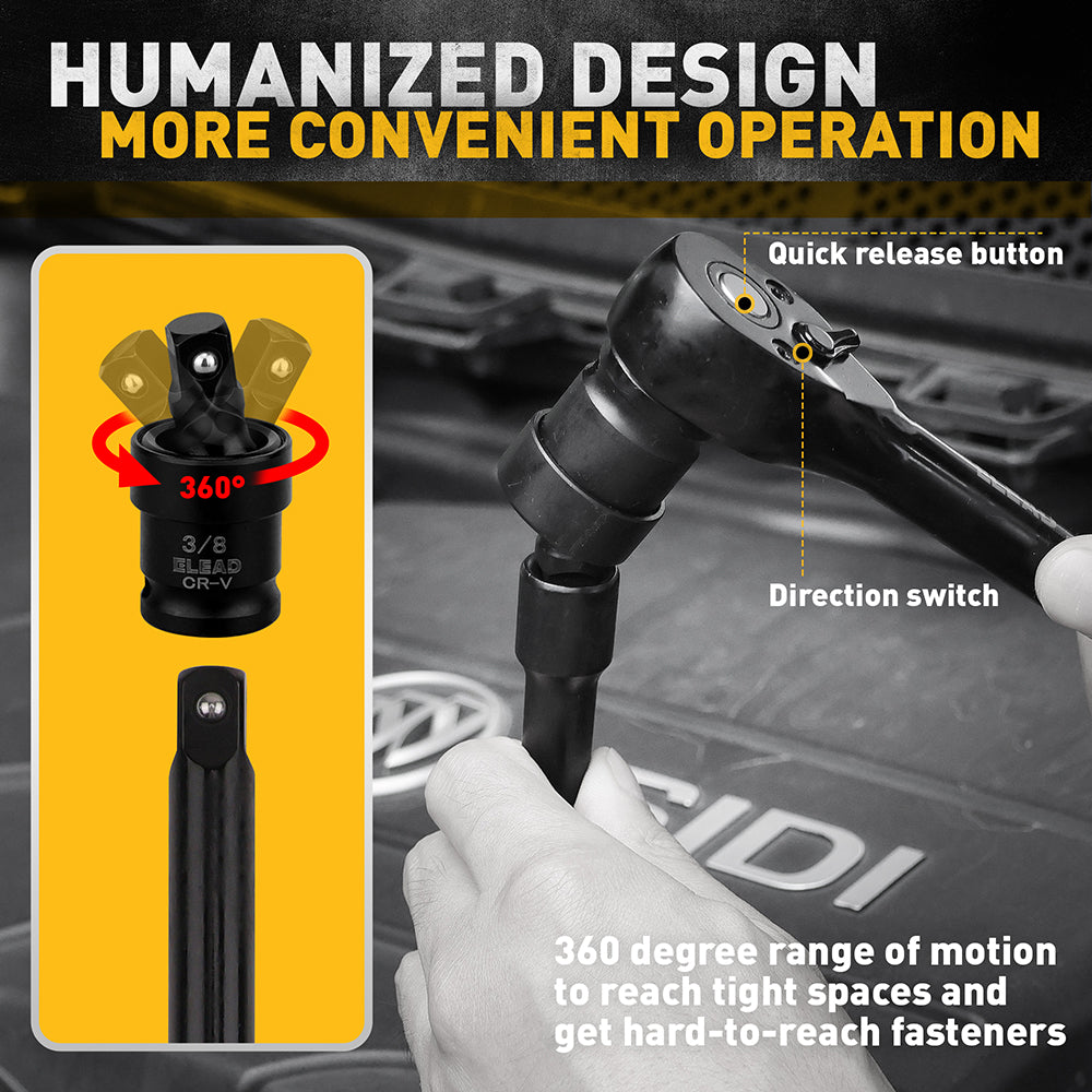 ELEAD 50-Piece 3/8" Drive Master Impact Socket Set, Metric & SAE, CR-V Steel with Ratchet, Extensions & Carry Case