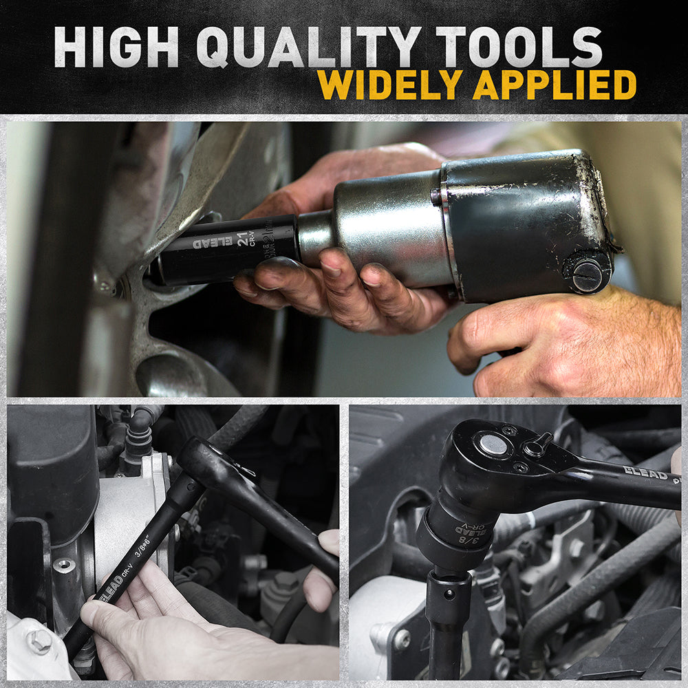 ELEAD 50-Piece 3/8" Drive Master Impact Socket Set, Metric & SAE, CR-V Steel with Ratchet, Extensions & Carry Case