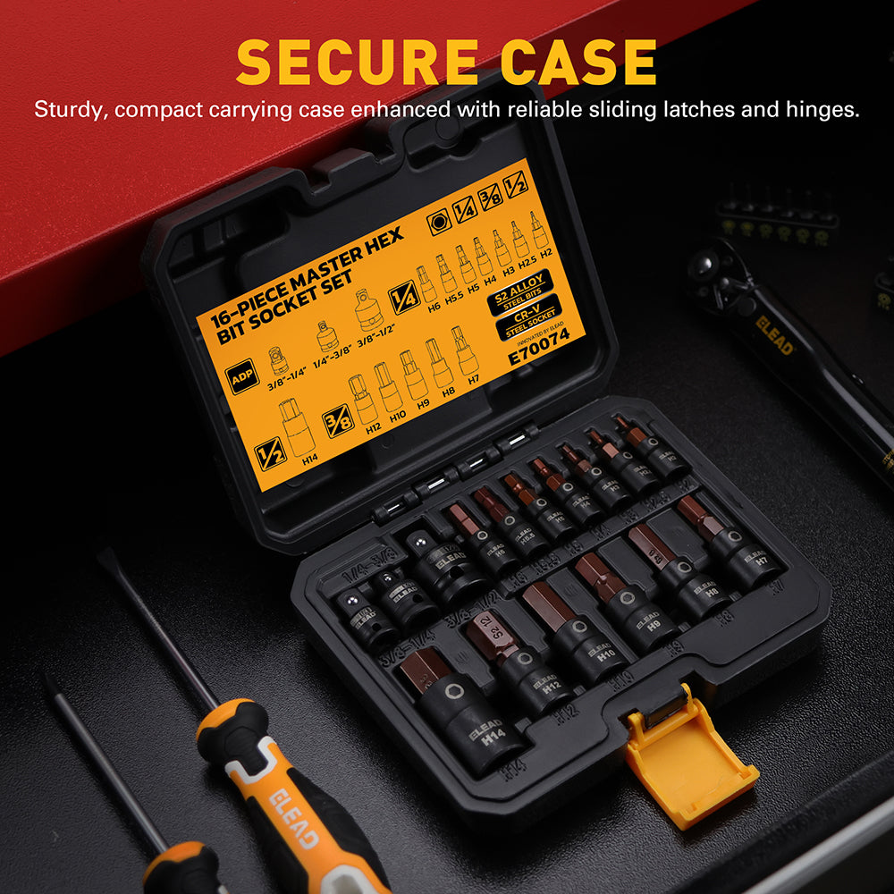 ELEAD 16PCS Master Hex Bit Socket Set with S2 Alloy Steel Bits, CR-V Sockets, Adapters, and Portable Storage Case for Automotive and Workshop Use