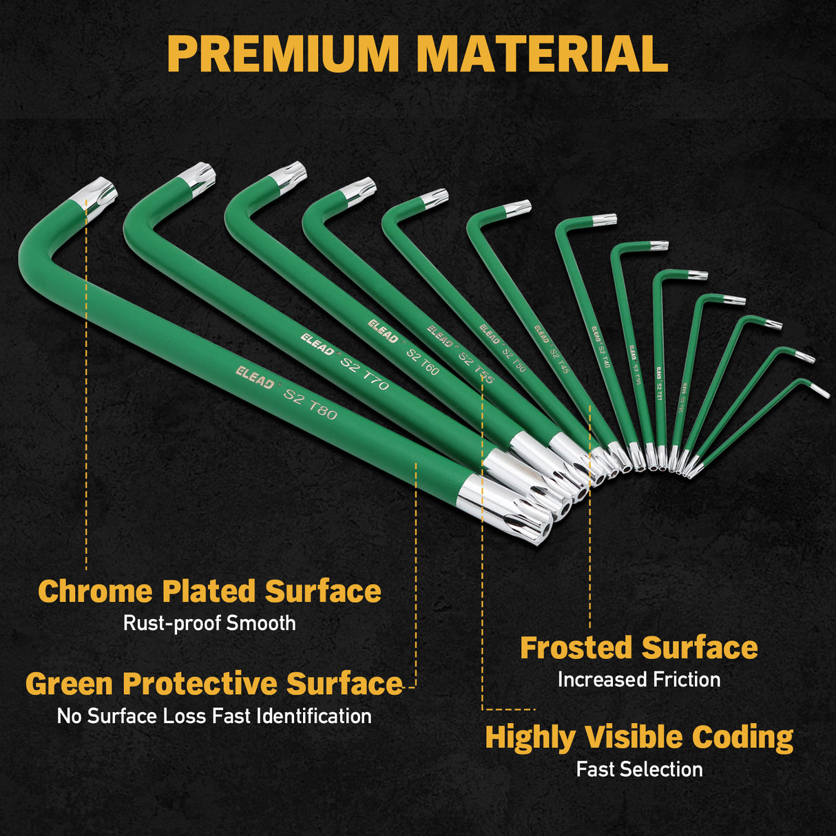13-piece T10-T80 long arm Torx key set with L-shaped S2 steel star wrenches and green coated finish