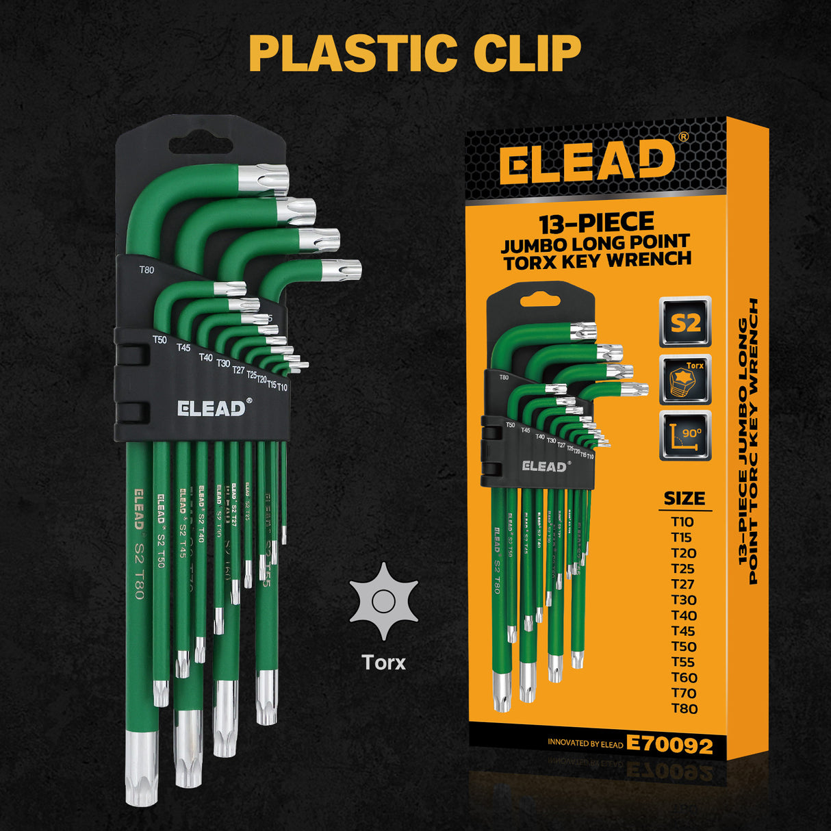 13-piece T10-T80 long arm Torx key set with L-shaped S2 steel star wrenches and green coated finish