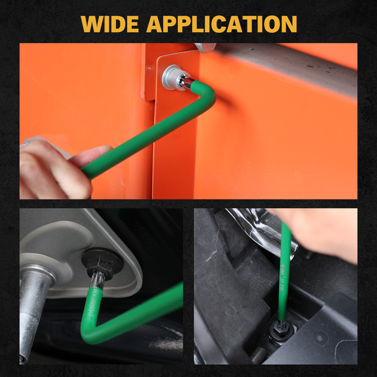 13-piece T10-T80 long arm Torx key set with L-shaped S2 steel star wrenches and green coated finish