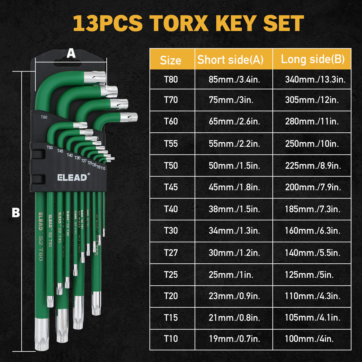 13-piece T10-T80 long arm Torx key set with L-shaped S2 steel star wrenches and green coated finish