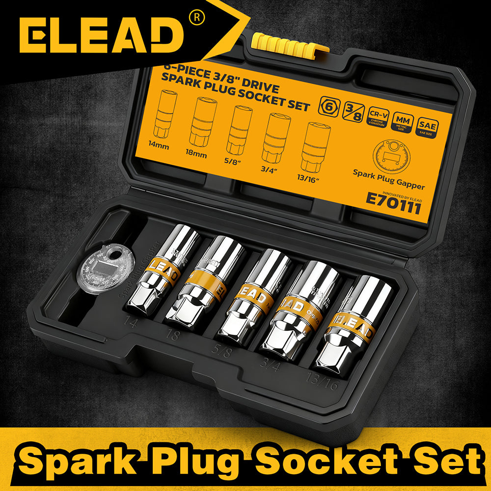 6-piece 3/8 inch drive spark plug socket set with metric and SAE sockets, CR-V steel, 6-point design and spark plug gap tool in storage case