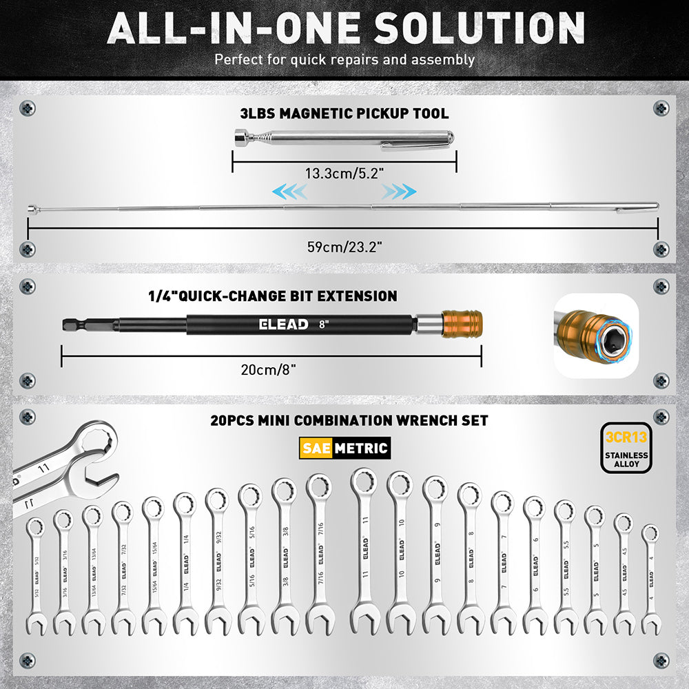 58-piece magnetic impact nut driver set with SAE and metric sizes, CR-V steel nut drivers, extensions, mini wrench set and magnetic pickup tool