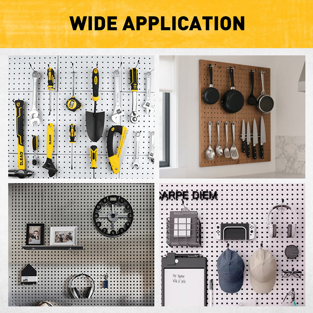 ELEAD 66-piece pegboard hook set with 2-inch, 4-inch, and 6-inch metal hooks for garage and workshop wall tool storage