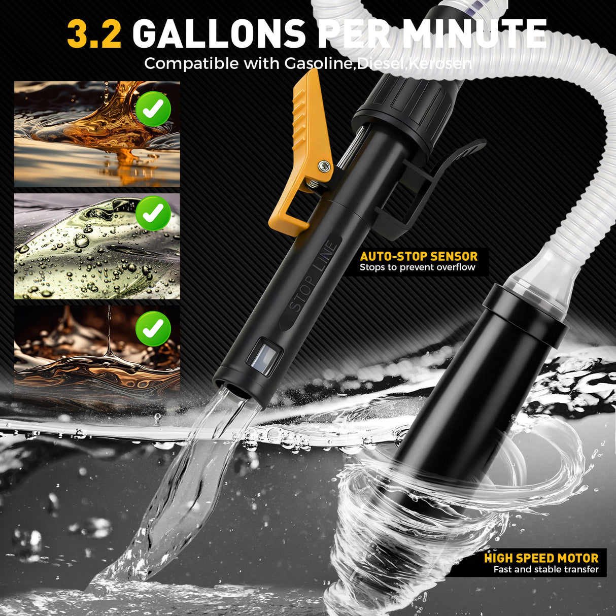 battery powered automatic fuel transfer pump with auto shut-off and multiple fuel can adapters