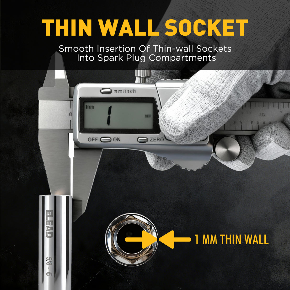 3/8 inch drive magnetic spark plug socket set with 5/8 inch and 9/16 inch sizes, 6 inch and 12 inch swivel extension sockets, thin wall 6-point design, CR-V steel construction and mirror polished finish for automotive engine repair