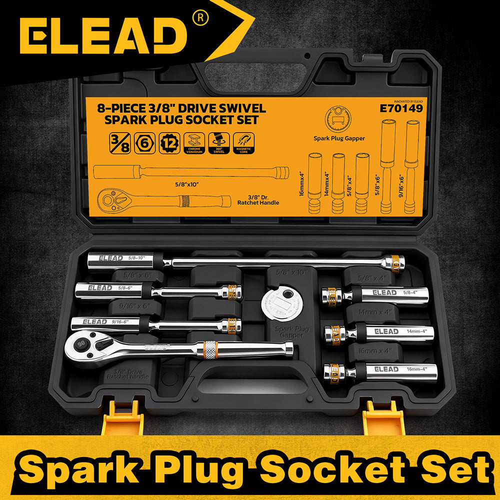 8-piece swivel magnetic spark plug socket set with CR-V steel and 360-degree rotation