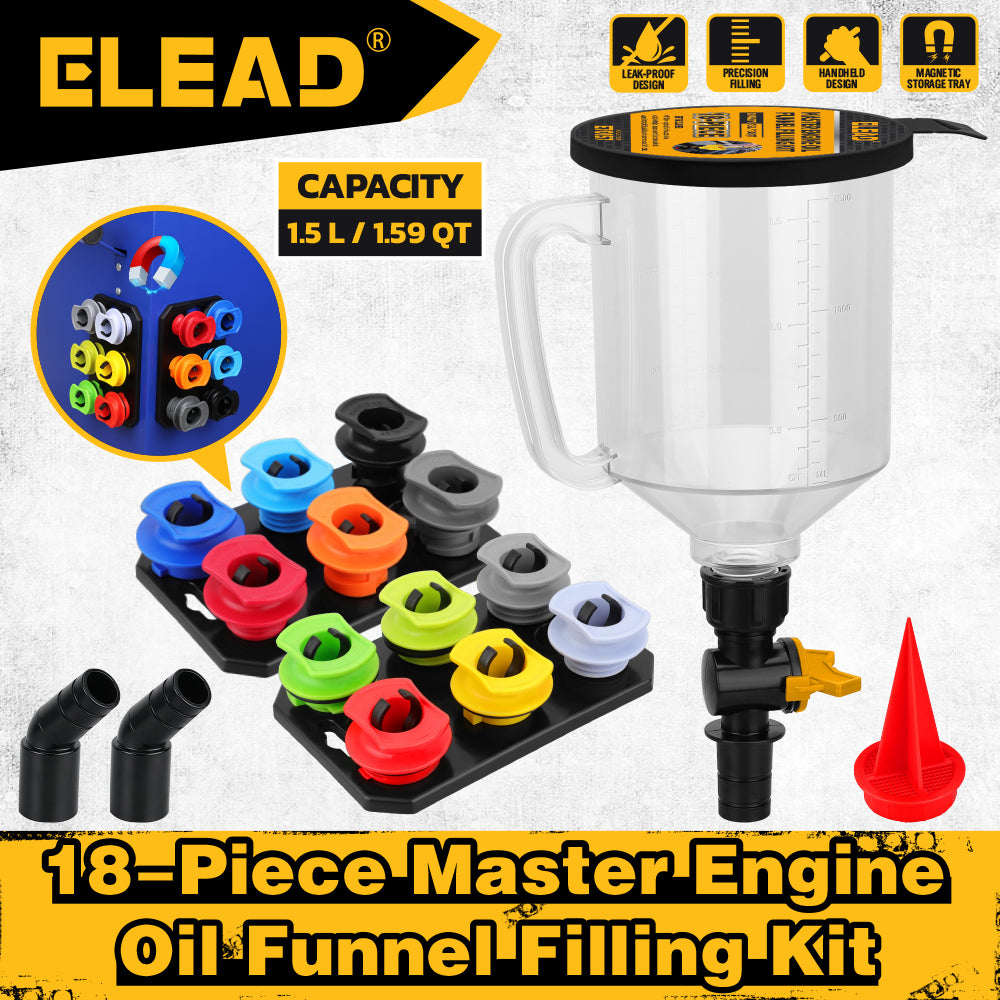ELEAD 18-Piece Engine Oil Funnel Kit, 1.5L Leak-Proof Oil Filling System with Color-Coded Adapters & Magnetic Storage Tray
